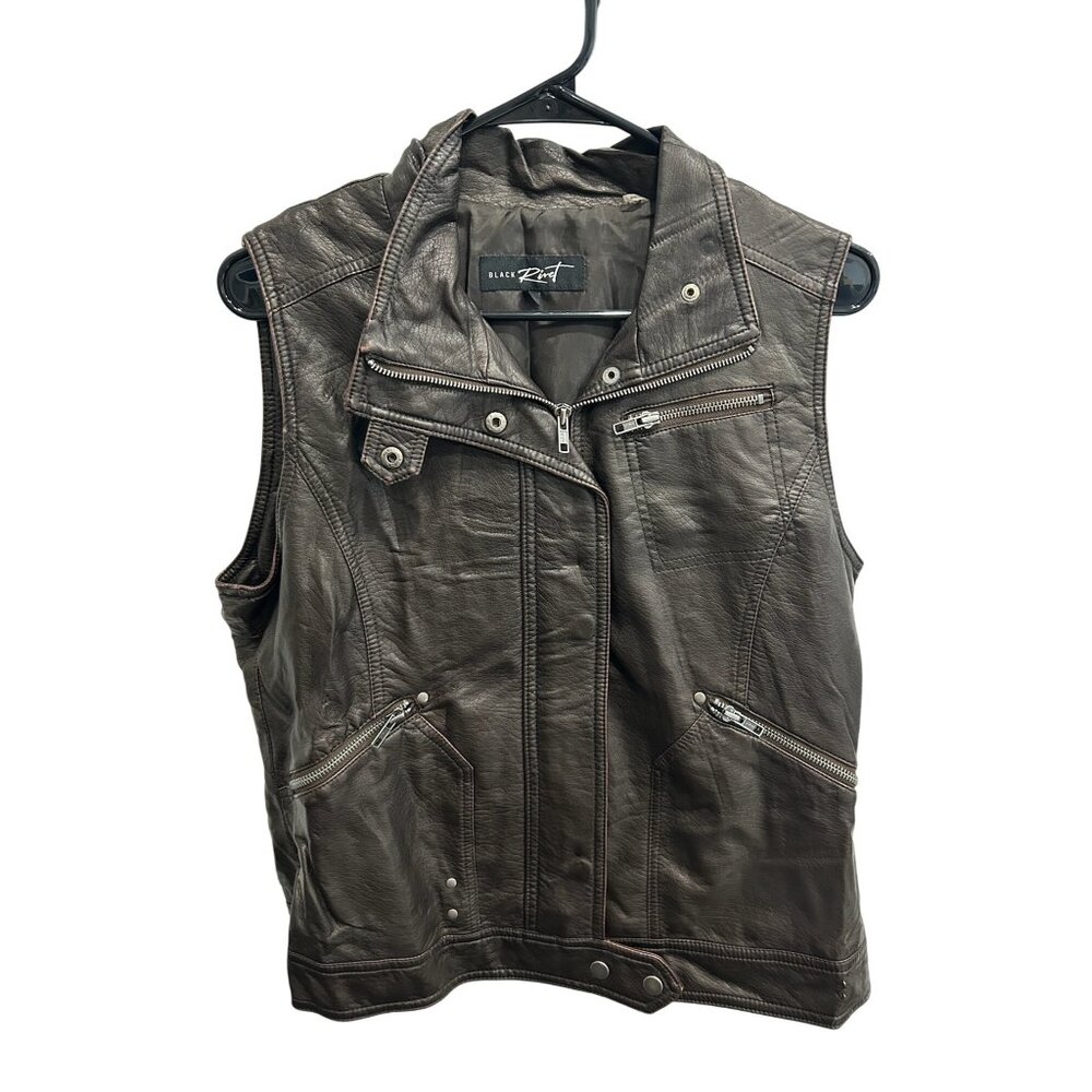 Black Rivet Sleeveless Moto Vest Large Faux Leather Zipper Brown